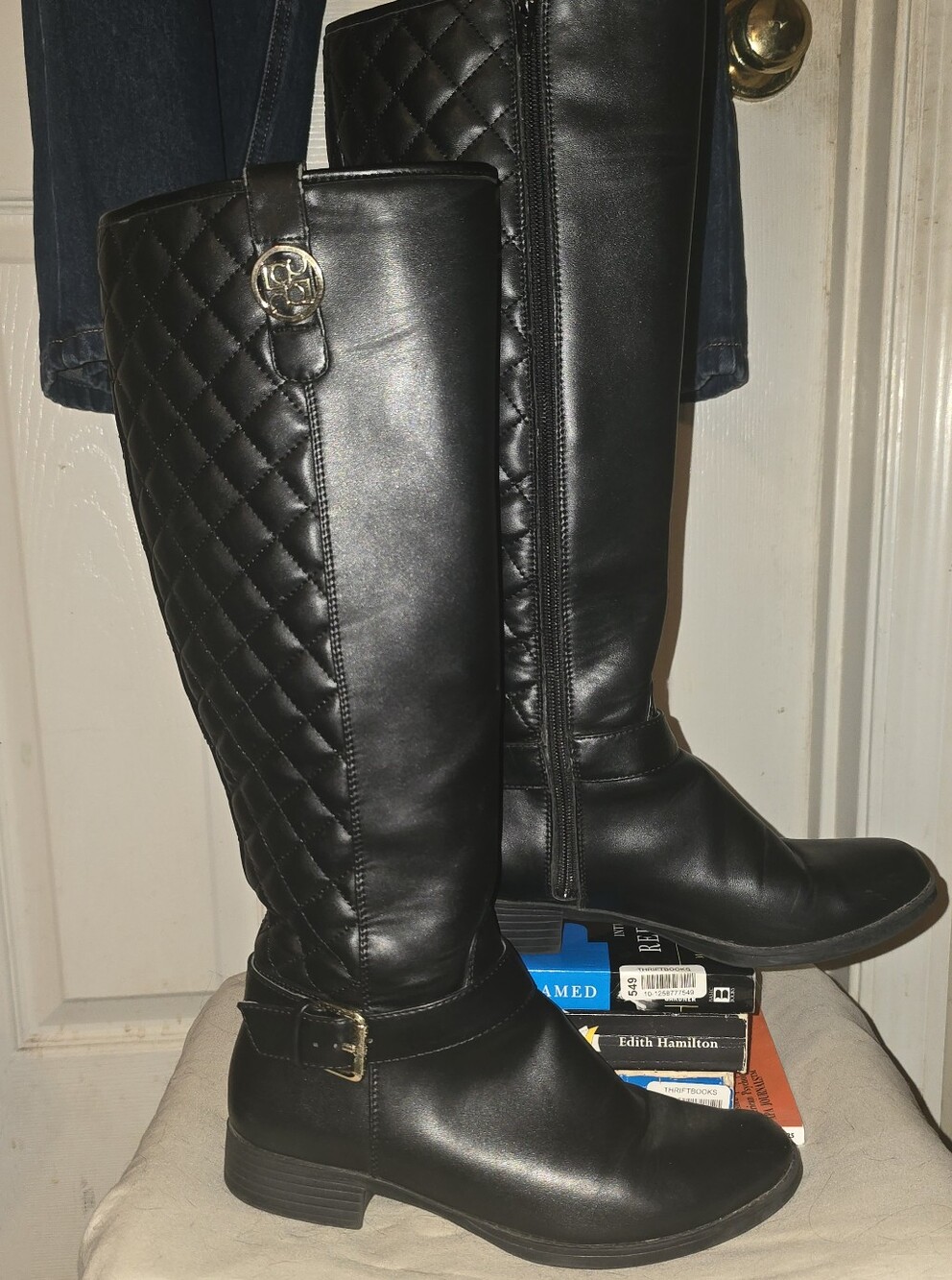 Liz Claiborne Black Quilted Knee High Riding Boots Gold Hardware Size 6M